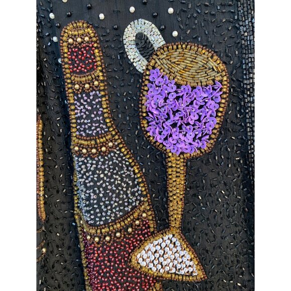 VTG 80s Gopal Black Beaded Jacket Champagne Theme 100% Silk Lined M 8695 - Picture 11 of 13